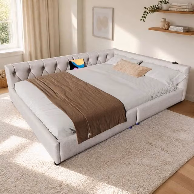 Letto daybed moderno in tessuto beige con illuminazione LED e porta USB, L/P/H: 200 x 140 x 153 cm – 1