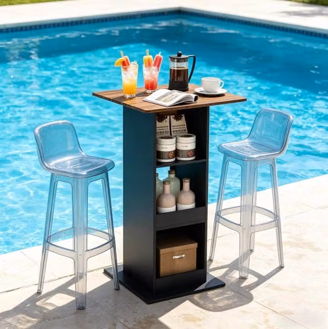 Tavolo bar quadrato 2 in 1 con 3 vani portaoggetti, 60 x 60 x 109 cm, nero e marrone rustico