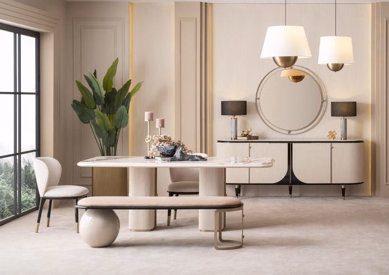 Set per soggiorno: tavolo da pranzo, sedie, panca, consolle con specchio, stile moderno