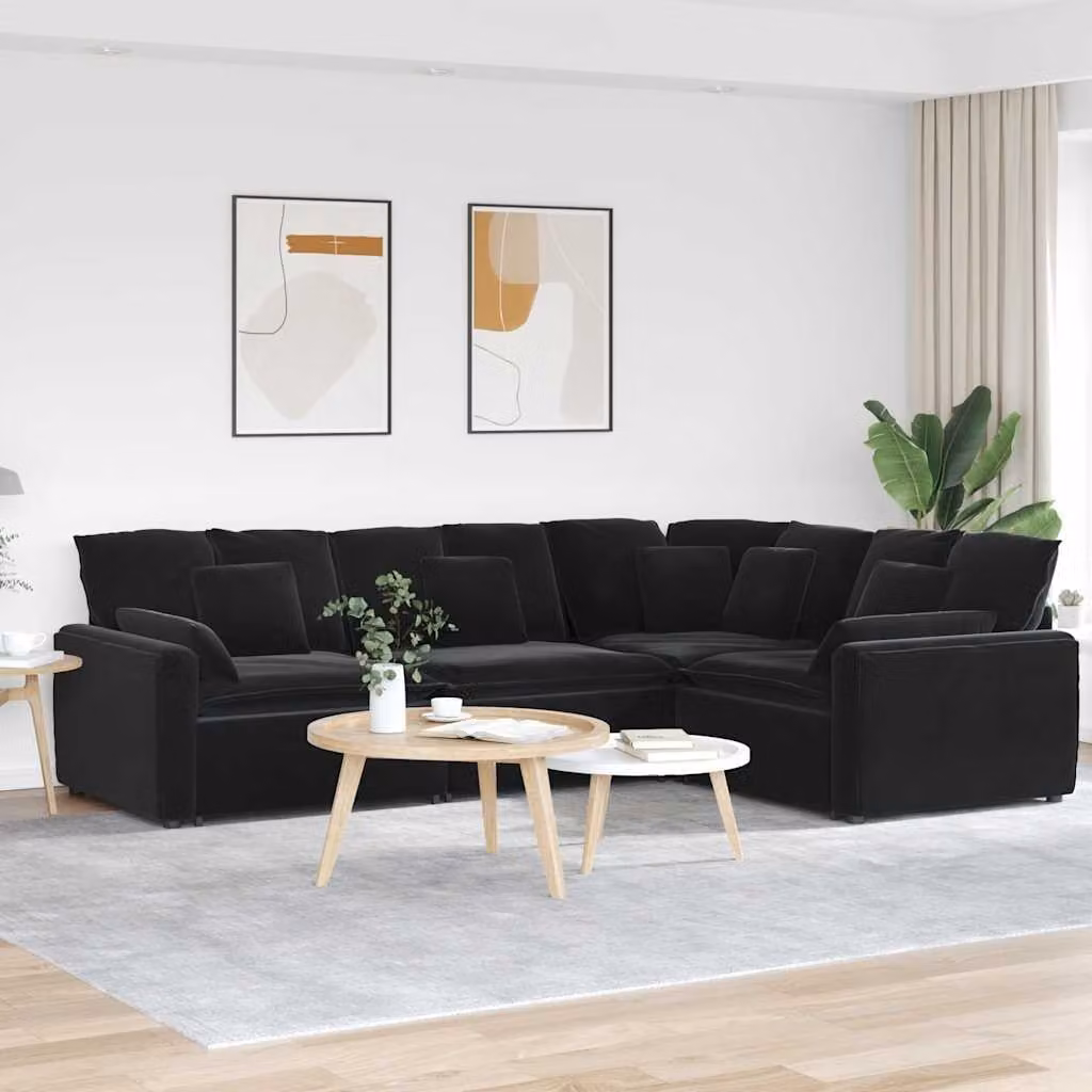 vidaXL Divano Modulare a L in Velluto Nero con Cuscini e Struttura in Metallo e Legno