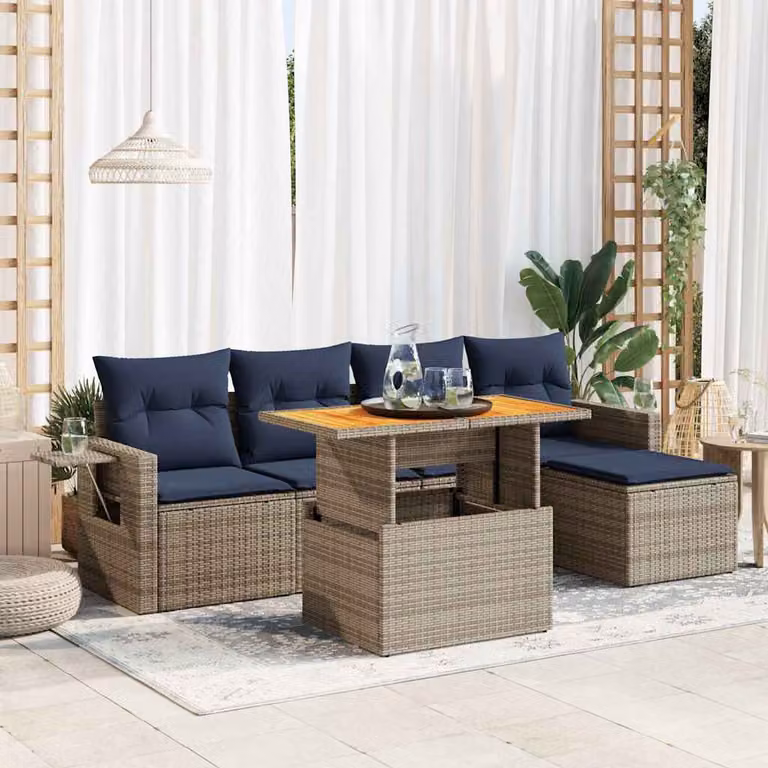 Set Divano da Giardino a L vidaXL in Polyrattan Grigio con 6 Pezzi e Cuscini Imbottiti