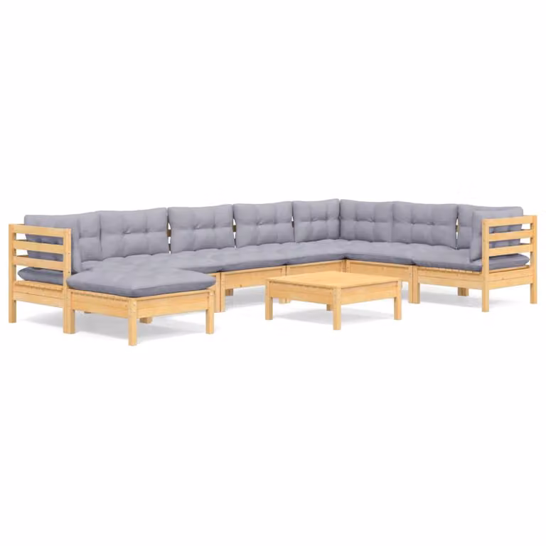 Set Divani da Giardino 9 pz con Cuscini Grigi Massello di Pino