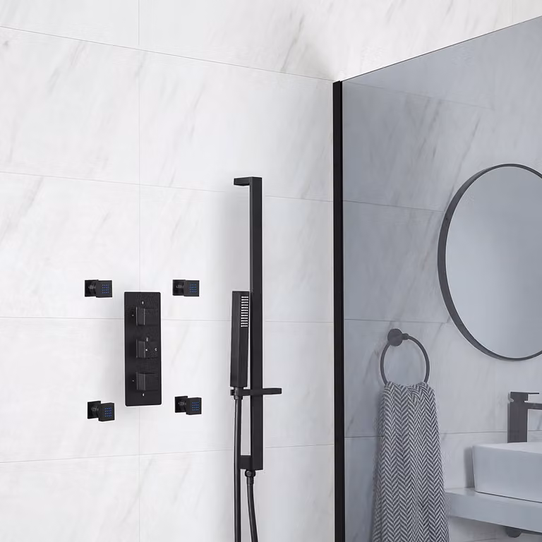 Sistema Doccia Termostatico Nero con Idrogetti, Asta Saliscendi e Doccetta (2 Vie) - Preto