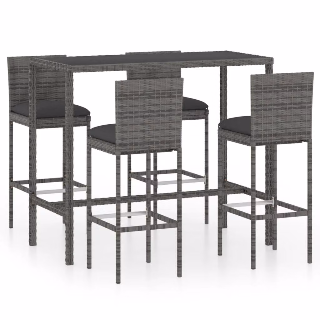 Set da Bar da Giardino 5 pz con Cuscini in Polyrattan Grigio