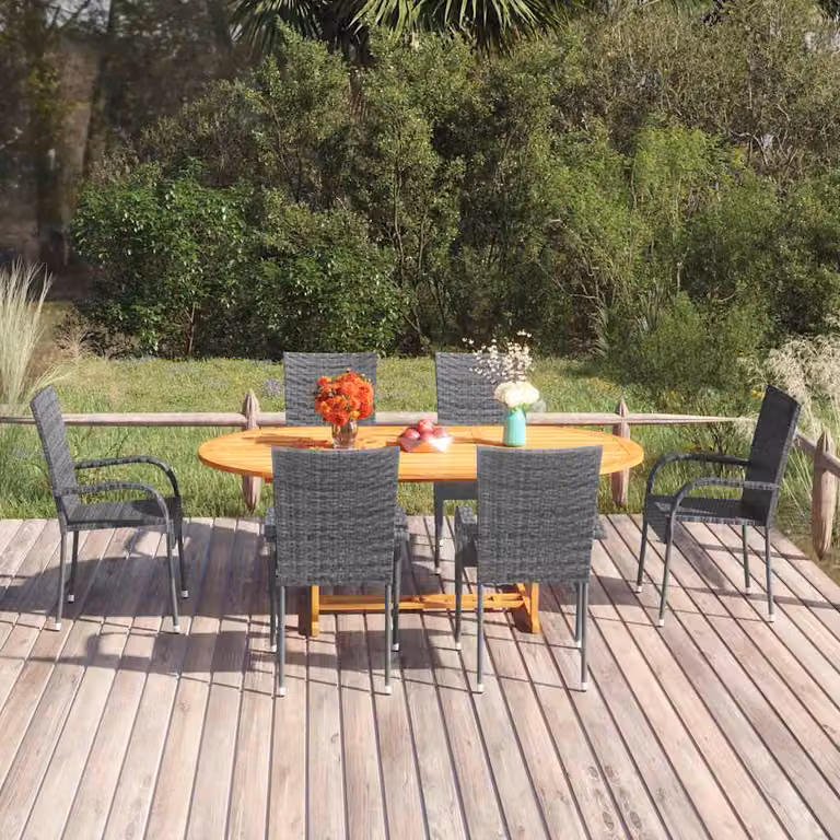 Set da pranzo da giardino vidaXL in 7 pezzi in polyrattan grigio con tavolo in legno di acacia
