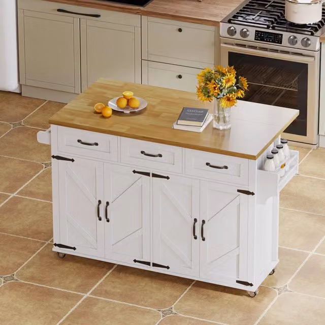 Isola cucina con piano pieghevole 140 cm; 4 ante e 3 cassetti; MDF bianco
