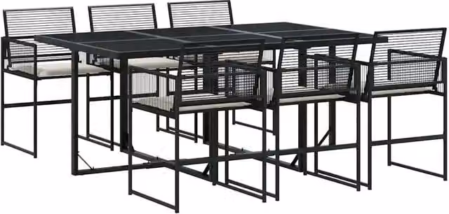 Set da Pranzo da Giardino 7 pz | Set Salotto da Giardino Nero con Cuscini in Polyrattan