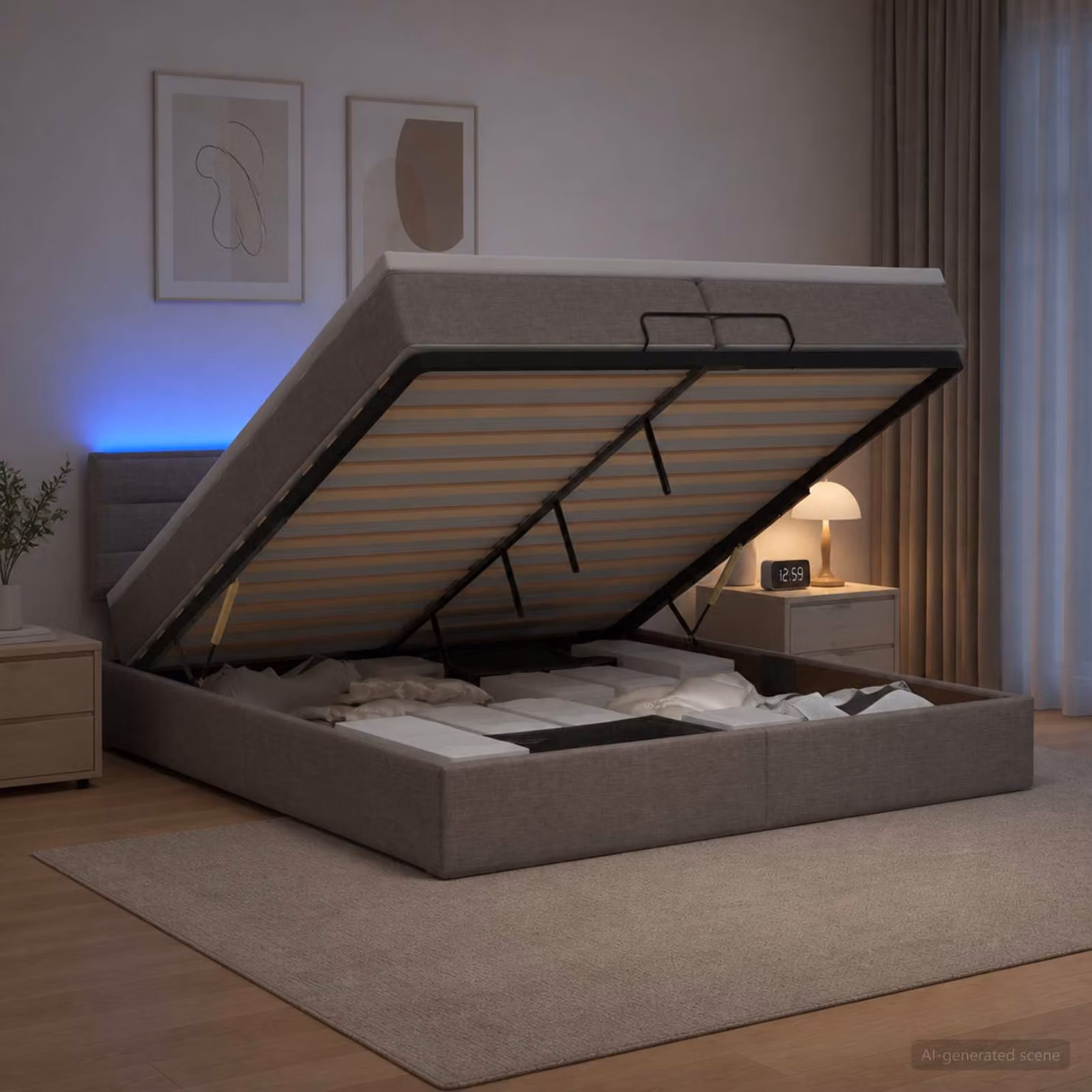 vidaXL Letto Ottomano con Materasso e Illuminazione LED in Tessuto L: 200 cm, P: 200 cm, H: 88 cm