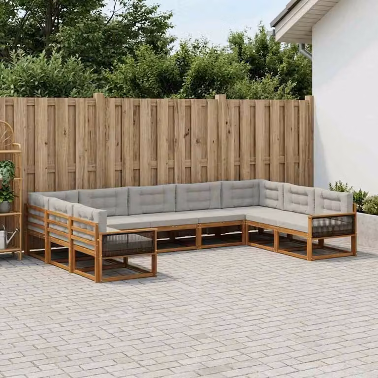 vidaXL Set di divani da esterno a forma di U composto da 9 pezzi in legno di acacia con cuscini beige e grigio