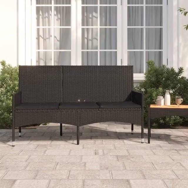 Panca da giardino a 3 posti vidaXL in rattan nero con braccioli e cuscini in tessuto per esterno – 1