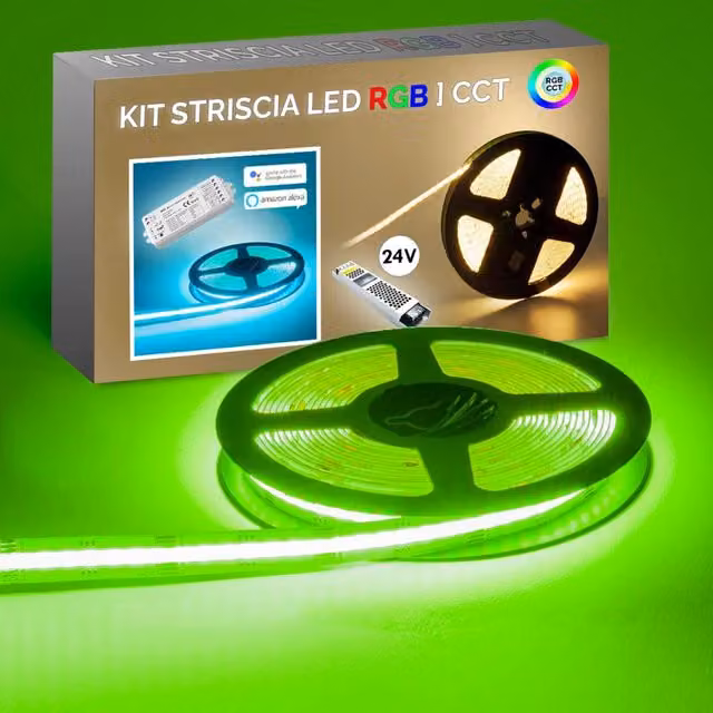 KIT SMART PlanetItaly con striscia LED COB da 4200 LED, 125W, 24V, RGBW multicolore e CCT regolabile da 3000K a 6000K, con centralina Wi-Fi compatibile con Alexa e Google Assistant – 1