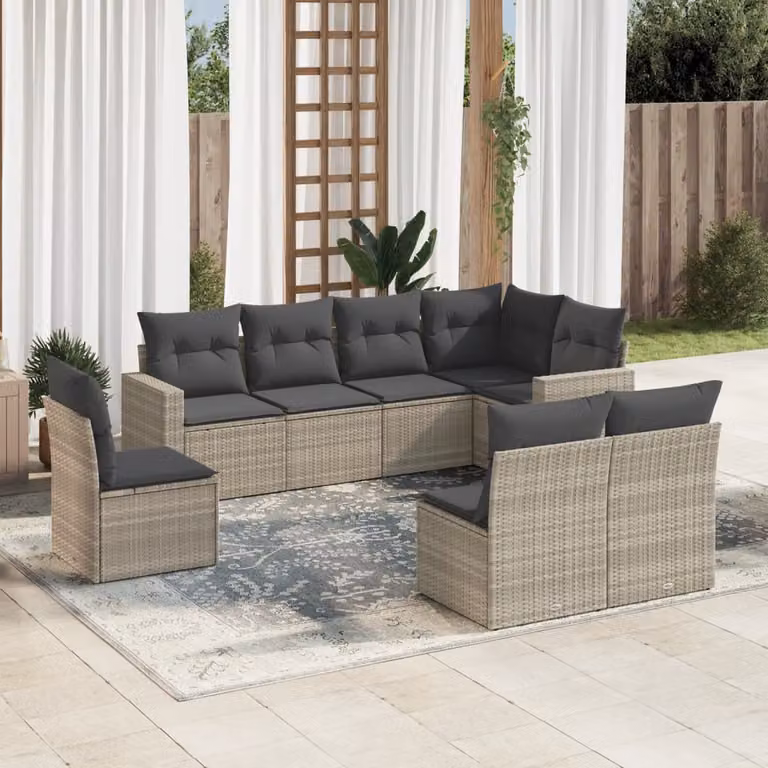 Set Divano da Giardino a L vidaXL in Polyrattan Grigio con 8 Pezzi e Cuscini Imbottiti
