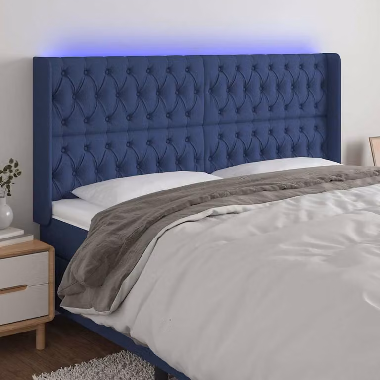 Testiera con LED e porta USB vidaXL in tessuto blu, L 203 cm x P 16 cm x H 118 cm