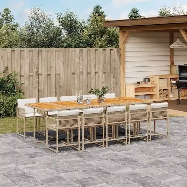 Set da pranzo da giardino vidaXL in polyrattan con cuscini beige e tavolo in legno di acacia, 11 pezzi