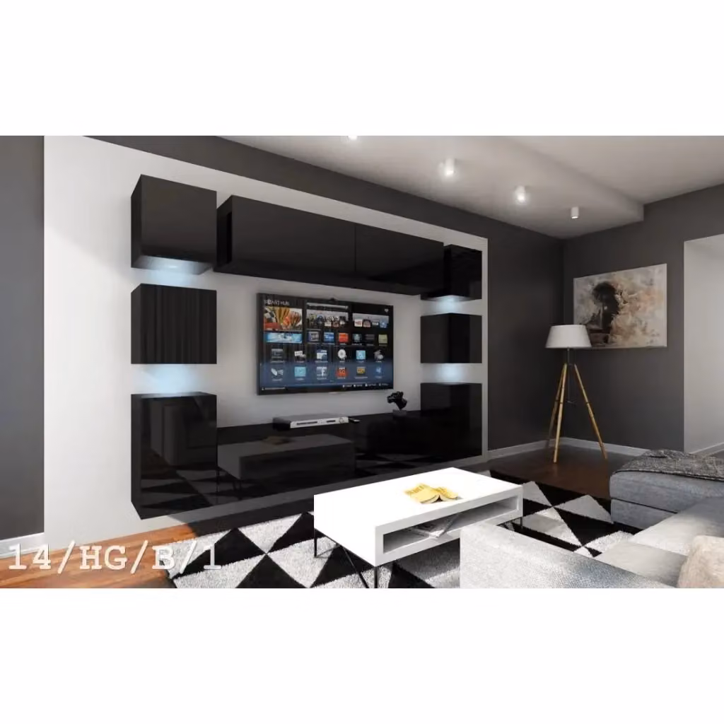 Set di mobili da soggiorno sospesi Meublorama collezione CEPTO XIV nero lucido con LED, L: 256 cm – 2