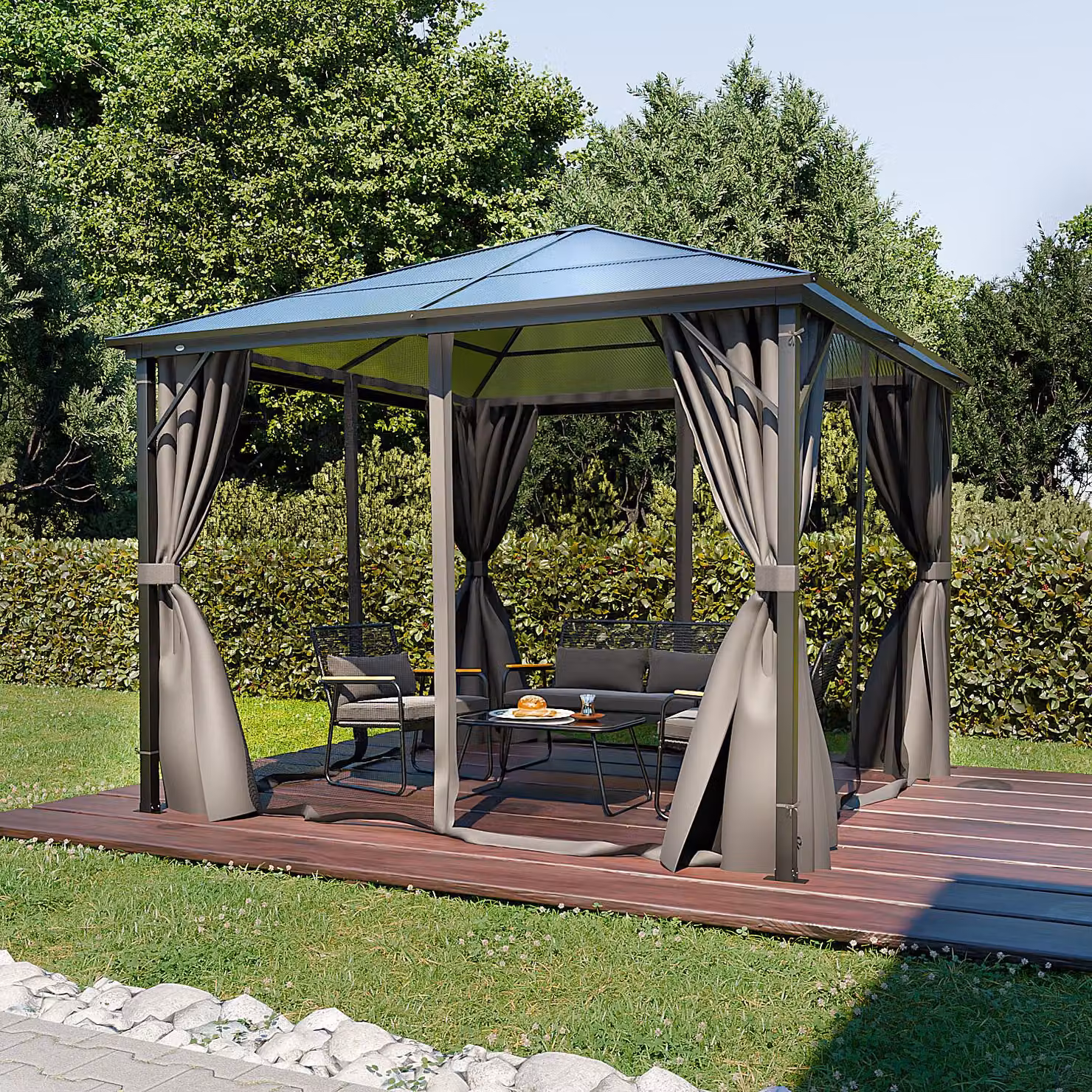 Gazebo GARMIO® 3x3m con tetto in policarbonato e zanzariera, parti laterali impermeabili in antracite, con struttura in metallo e telaio in alluminio, per uso esterno