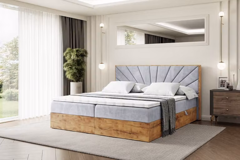 Letto boxspring ALTDECOR LOLLI6 con materasso H4 + topper, testiera e contenitore in rovere - 200x200 - Velluto grigio chiaro