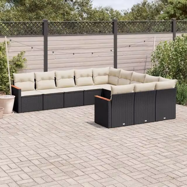 Set di Divani da Giardino a Forma di U con Cuscini vidaXL, Polyrattan e Metallo, Nero e Bianco – 1