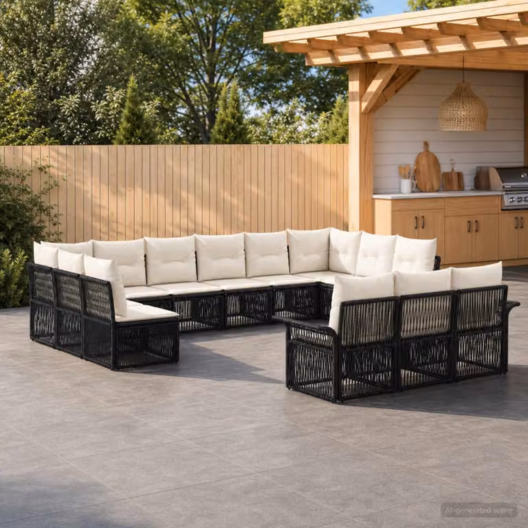 Set Divano da Giardino vidaXL 13 Pezzi a Forma di U in Polyrattan Nero con Cuscini e Struttura in Acciaio