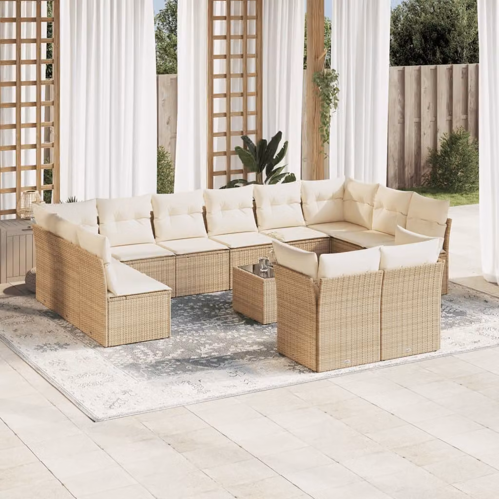 vidaXL Set Divano da Giardino 13 pz a forma di U con Cuscini Beige e Tavolino in Vetro