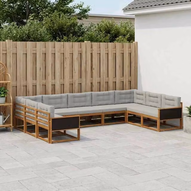 Set di divani da esterno a L vidaXL in legno di acacia con 9 pezzi, beige e grigio – 1