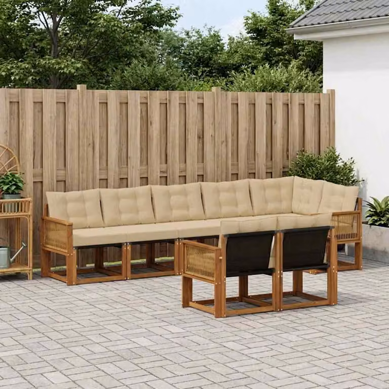 Set di divani da esterno vidaXL 8 pz in legno di acacia e tessuto textilene beige e naturale con cuscini inclusi