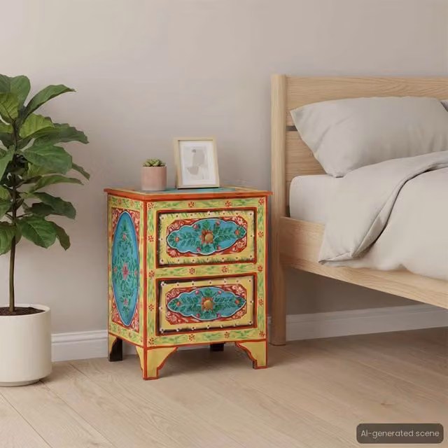 Comodino a parete vidaXL in legno di mango con decorazione floreale multicolore L: 40 cm, P: 30 cm, H: 50 cm