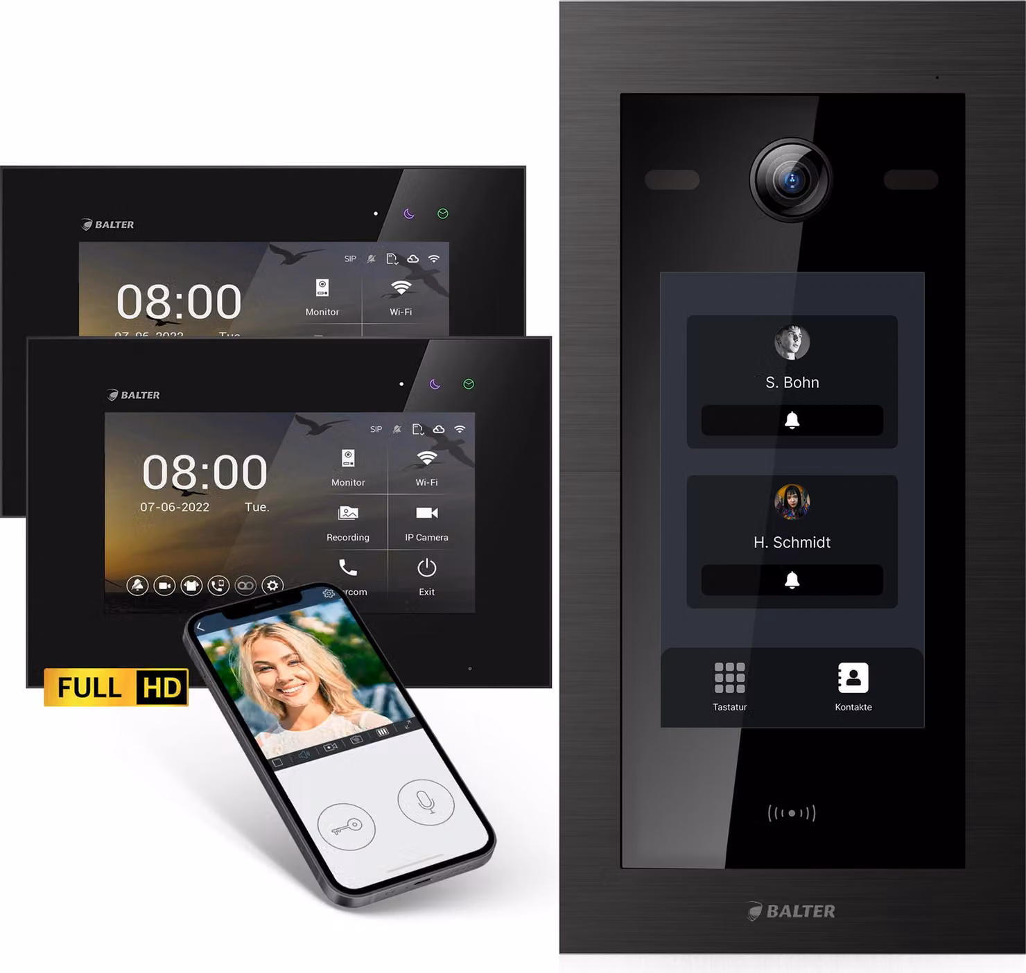 Videocitofono Balter EVO-HD con posto esterno touchscreen, campanello video, app, casa per 2 famiglie, 2x monitor da 7 pollici, full HD, bus a 2 fili, nero