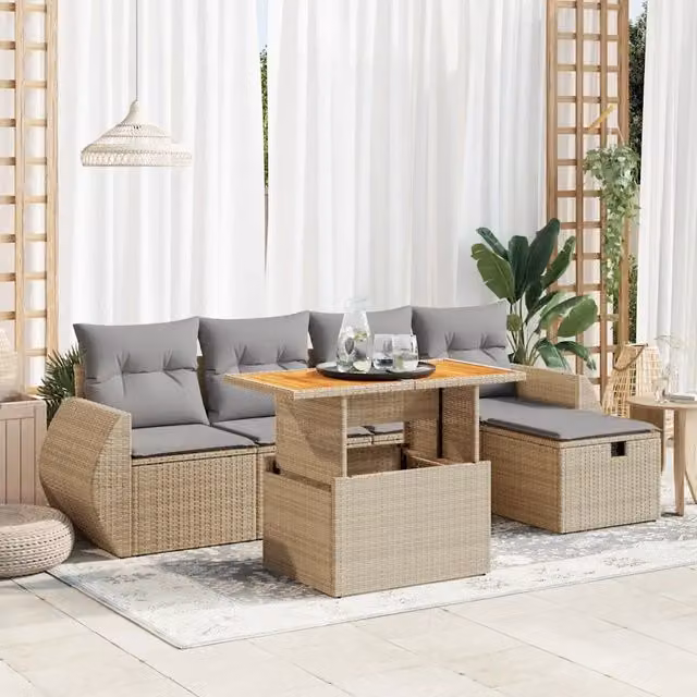 Set Divano da Giardino 6 pz con Cuscini Beige Polyrattan Acacia 3328053