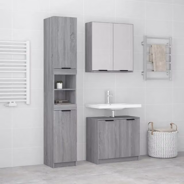 Set Mobili da Bagno 3 pz Grigio Sonoma in Legno Multistrato 3115882