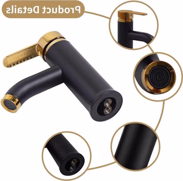 Rubinetto moderno per lavabo, monocomando, con acqua calda e fredda, in acciaio inossidabile, finitura nera e dorata