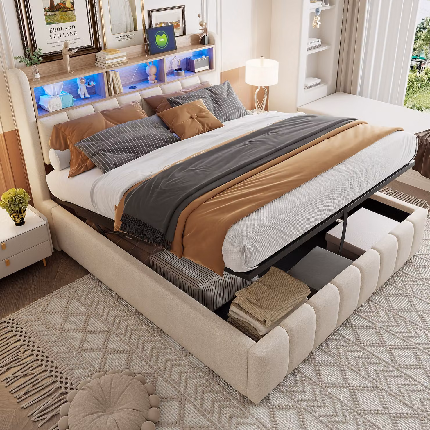 Letto imbottito Flieks 180x200cm con USB &Type-C, letto a molle insacchettate letto contenitore con LED e testata contenitore, letto matrimoniale letto per ragazzi, biancheria, beige