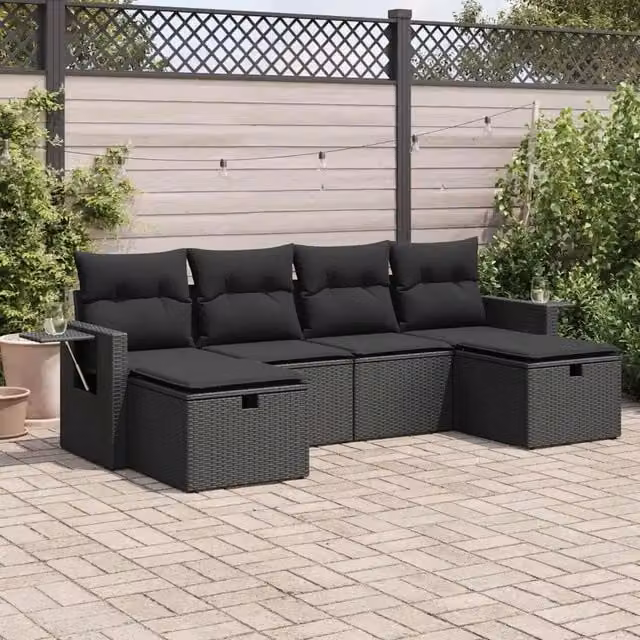 Set Divano da Giardino 6 pz con Cuscini Nero in Polyrattan 3325521
