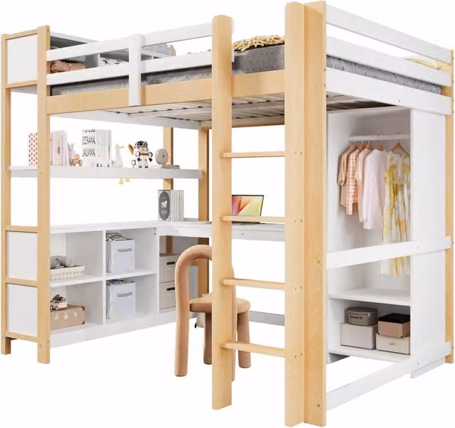 Letto a castello REDOM per bambini con scrivania, ripiani e armadio, Bianco e Beige, L/P/H: 200 x 140 x 189,5 cm – 1
