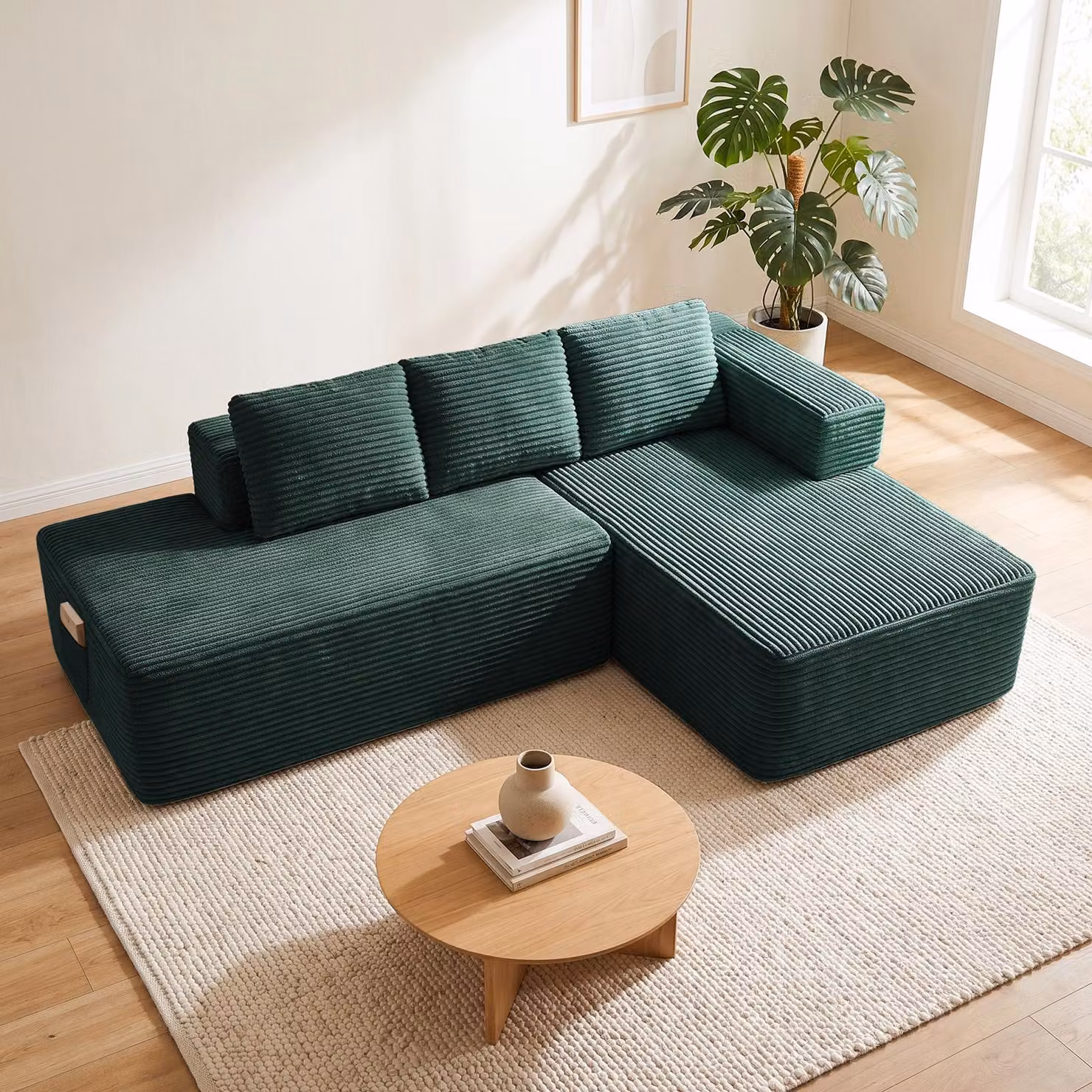 Divano componibile modello Ecksofa, con funzione letto, 228 cm, rivestito in velluto. Divano modulare "Boneless" con chaise longue e struttura in metallo per lo schienale. Divano a forma di L con funzione letto e struttura aperta