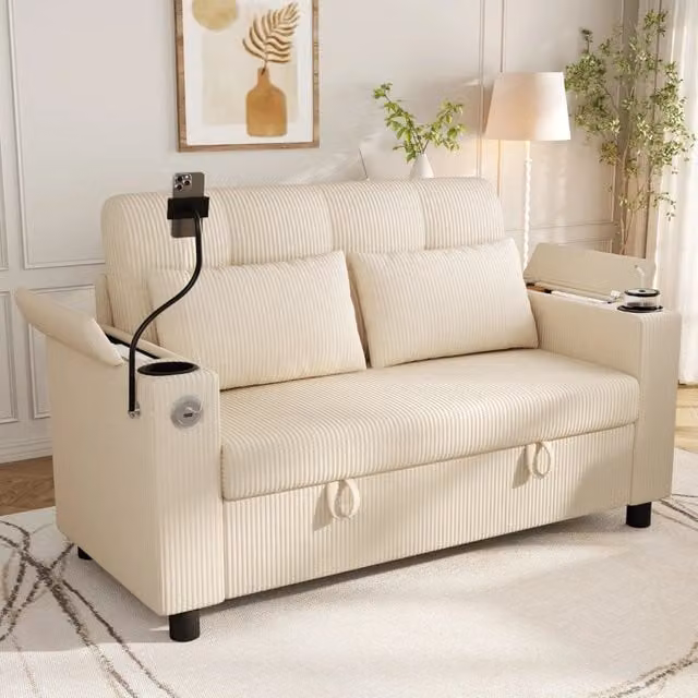 Divano 2 posti 136.5x79.5x83.6 cm con contenitore e porte USB Type C in velluto a coste beige
