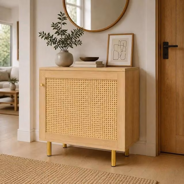 Armadietto contenitore in rattan con singola porta intrecciata, madia e comodino rustico per soggiorno, sala da pranzo e camera, effetto legno naturale, 60x40x63 cm, compatto e versatile, ottimo regalo per la casa