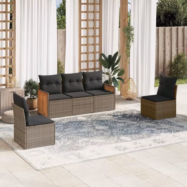 Set Divano da Giardino vidaXL 5 Pezzi in Polyrattan Grigio con Cuscini Imbottiti e Rivestimenti Rimovibili
