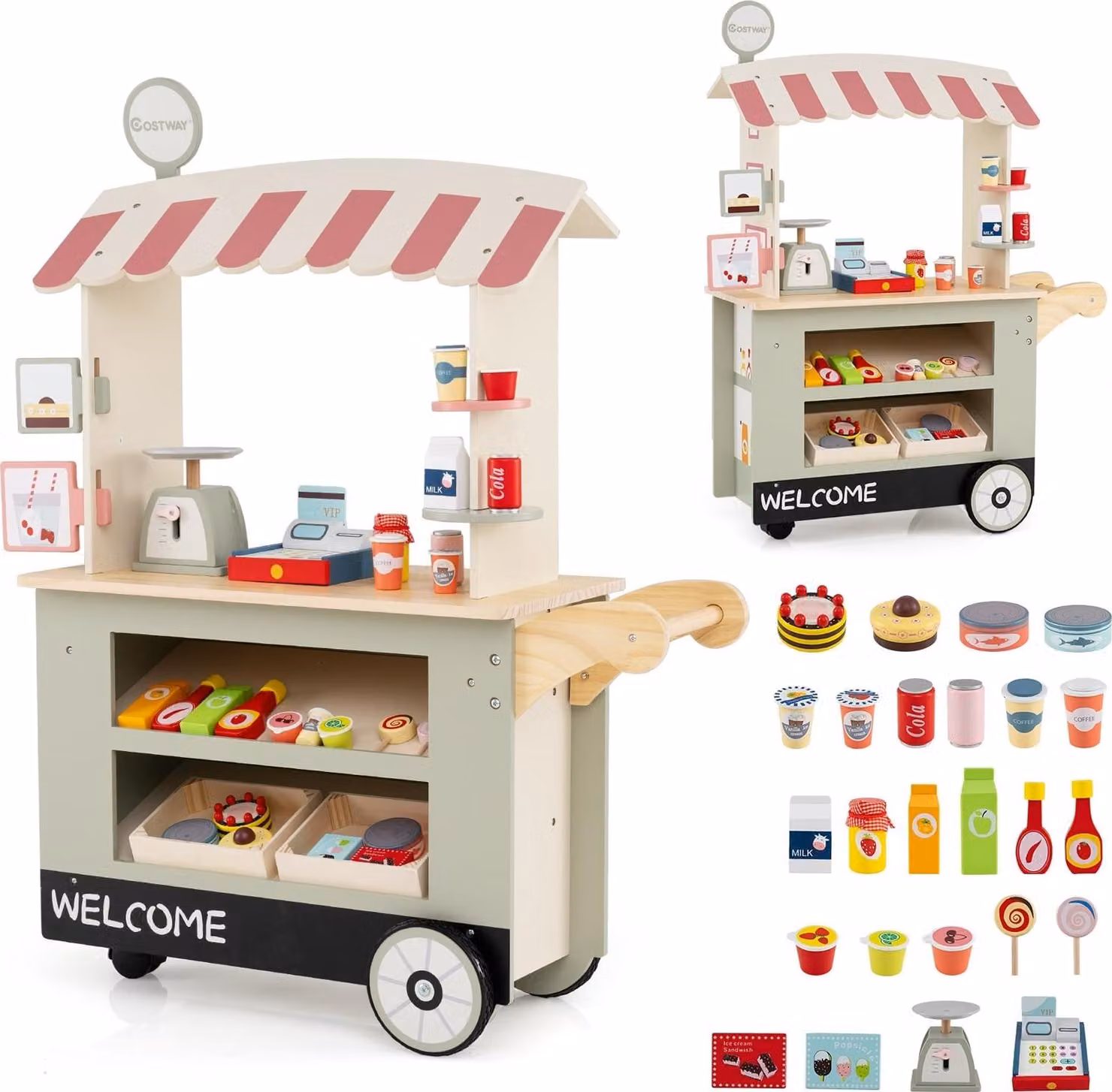 Carrello portavivande in legno per bambini con 30 accessori, età 3+