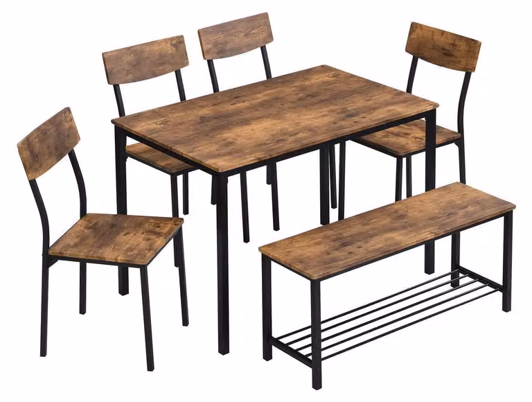 Set da pranzo per 6 persone, composto da un tavolo e 4 sedie più una panca da 110 cm, realizzato in MDF e metallo