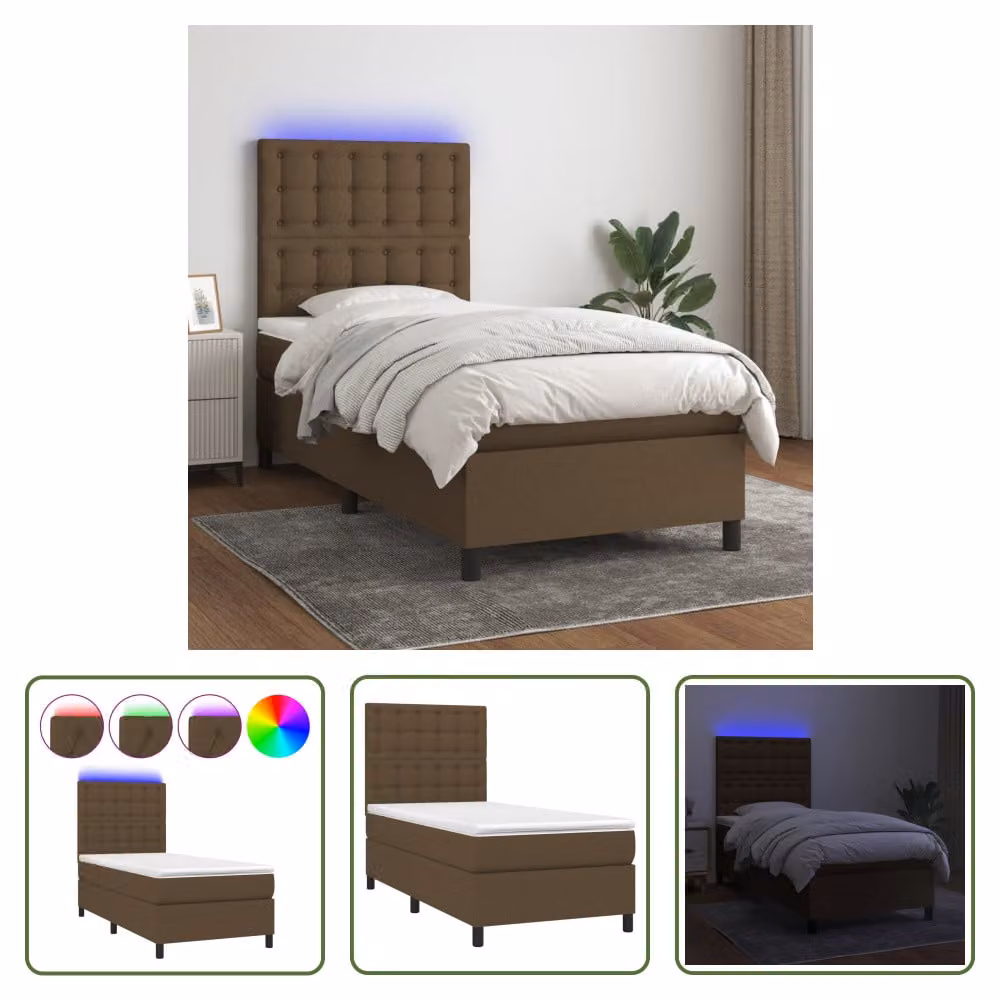 The Living Store Letto a molle con materasso e LED in tessuto marrone scuro 80x200 cm