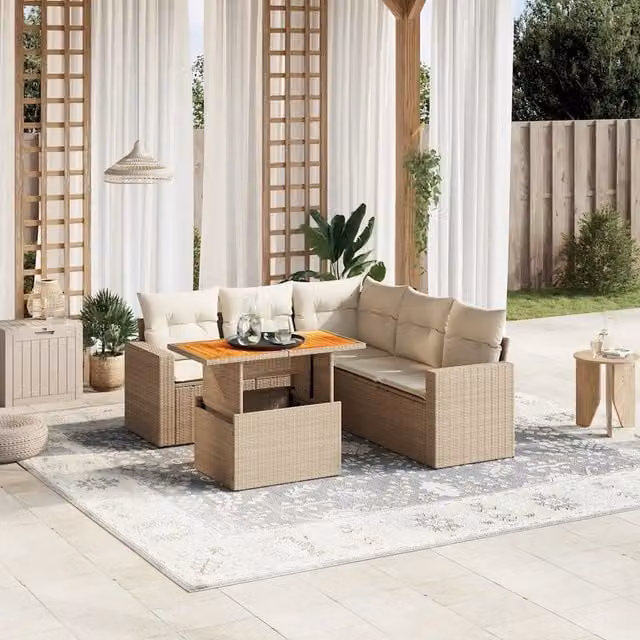 Set Divano da Giardino a L VIDAXL in Polyrattan con Cuscini Beige, 6 Posti – 1