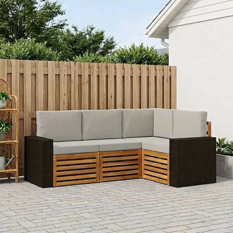 Set di divani da esterno vidaXL a forma di L composto da 4 pezzi in legno di acacia con cuscini in poliestere resistente ai raggi UV, colori marrone e grigio