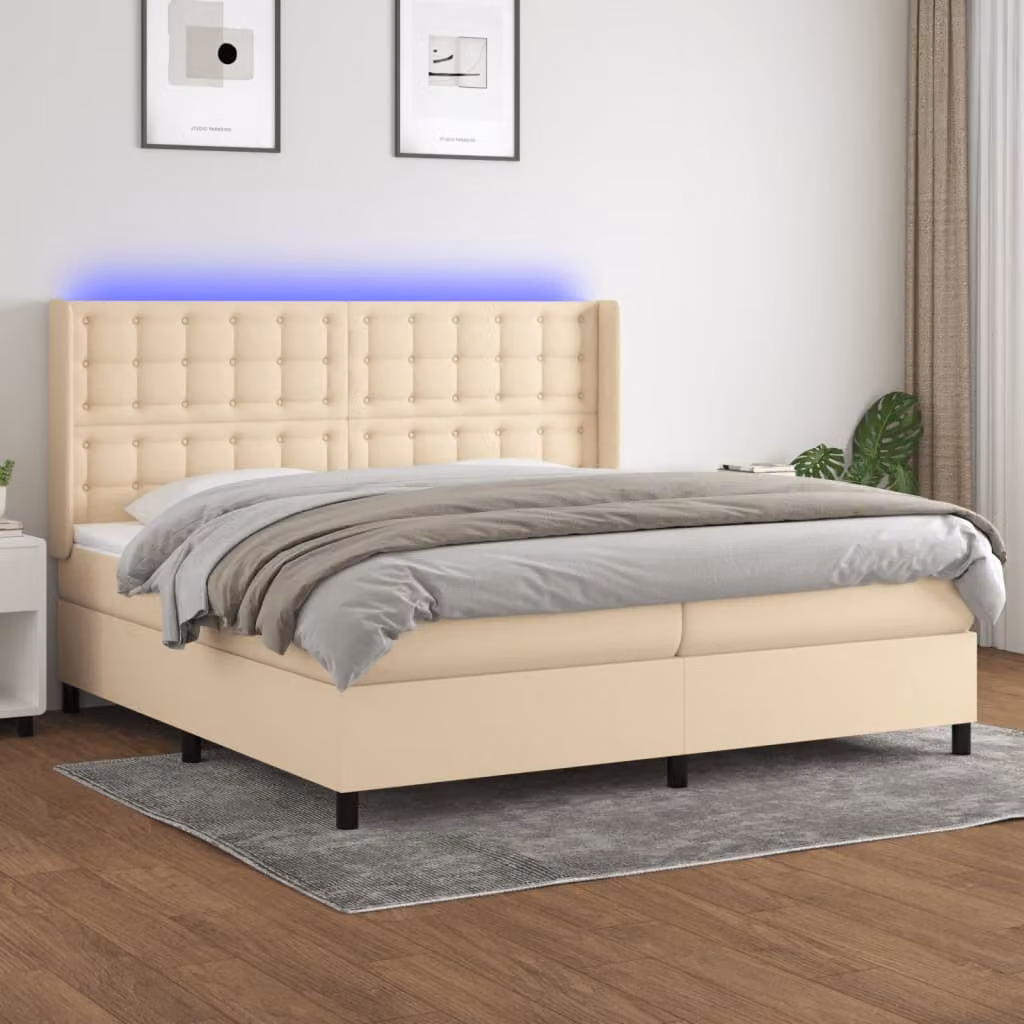 Letto a molle con materasso e illuminazione LED vidaXL in tessuto beige e bianco, L/P/H: 200 x 200 x 203 cm – 1