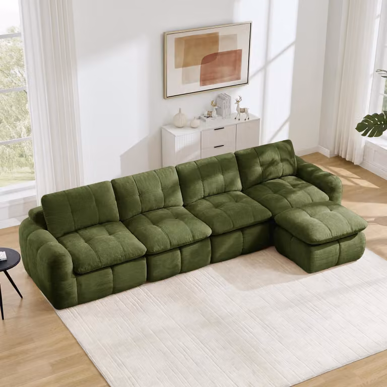 Divano modulare a forma di L, con 4 posti, rivestito in tessuto Karostepp e chenille, ampia seduta, poggiapiedi integrato, senza necessità di montaggio (verde)