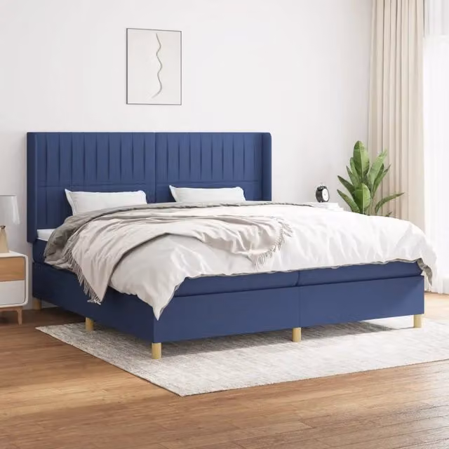 Letto Ibrido vidaXL con Giroletto a Molle e Materasso in Tessuto Blu e Bianco L/P/H: 200 x 200 x 25 cm