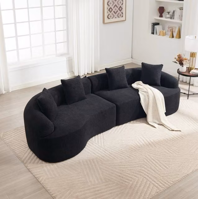 Divano modulare curvo 4 posti in ciniglia 275x115x63 cm nero