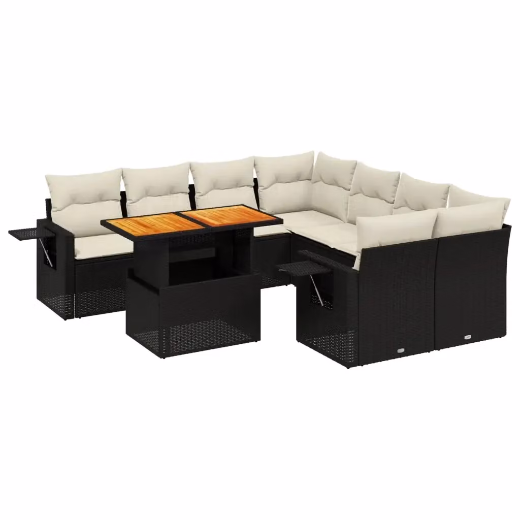 vidaXL Set Divani da Giardino a L 9 pz in Polyrattan Nero con Cuscini e Tavolino – 2