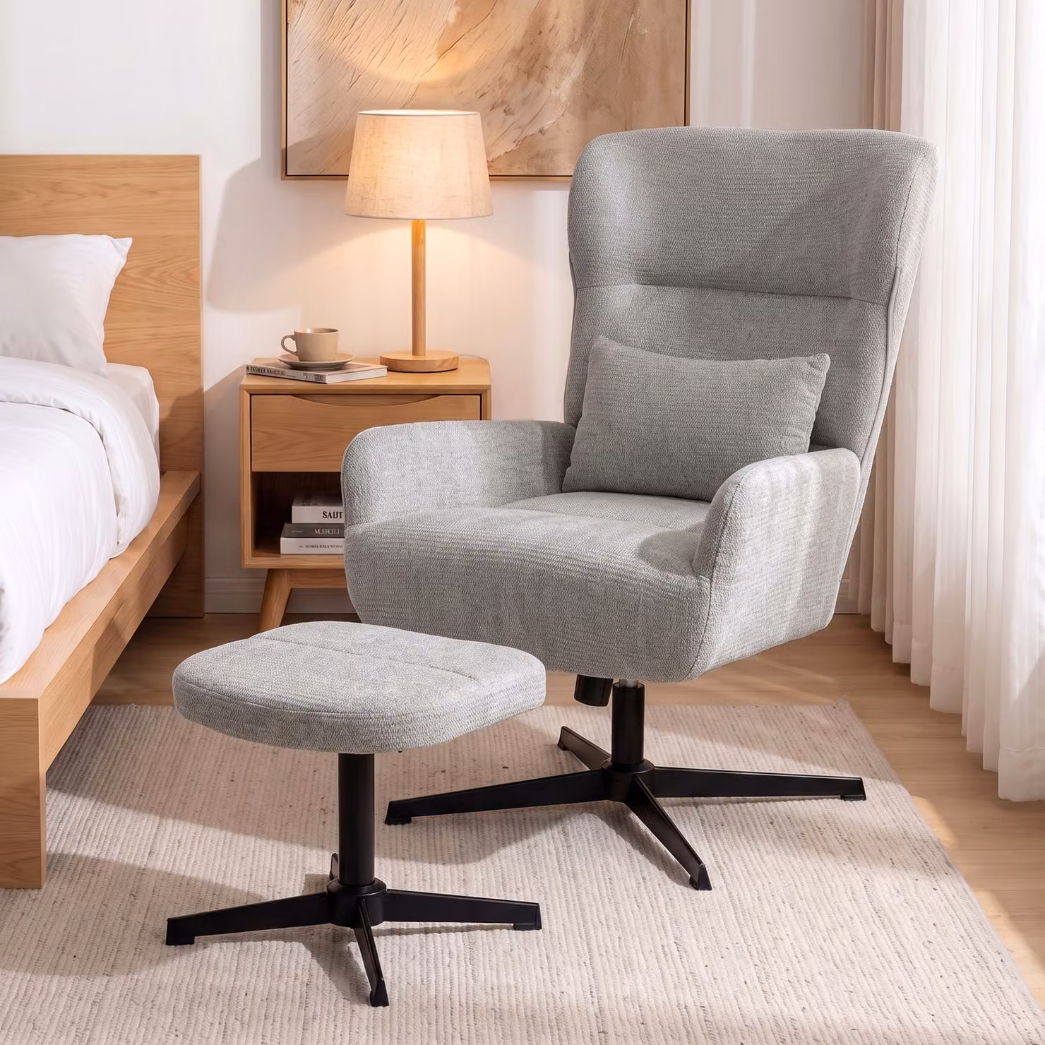 Poltrona lounge HOMCOM girevole a 360° con pouf, altezza regolabile, bianco crema – 2
