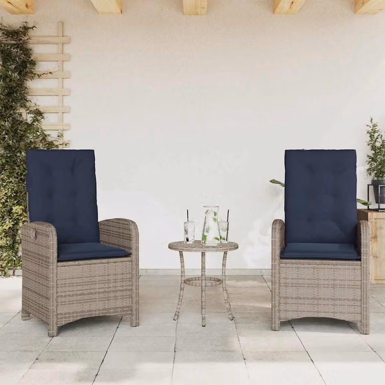Set di 2 sedie da giardino reclinabili vidaXL in polyrattan grigio con cuscini blu